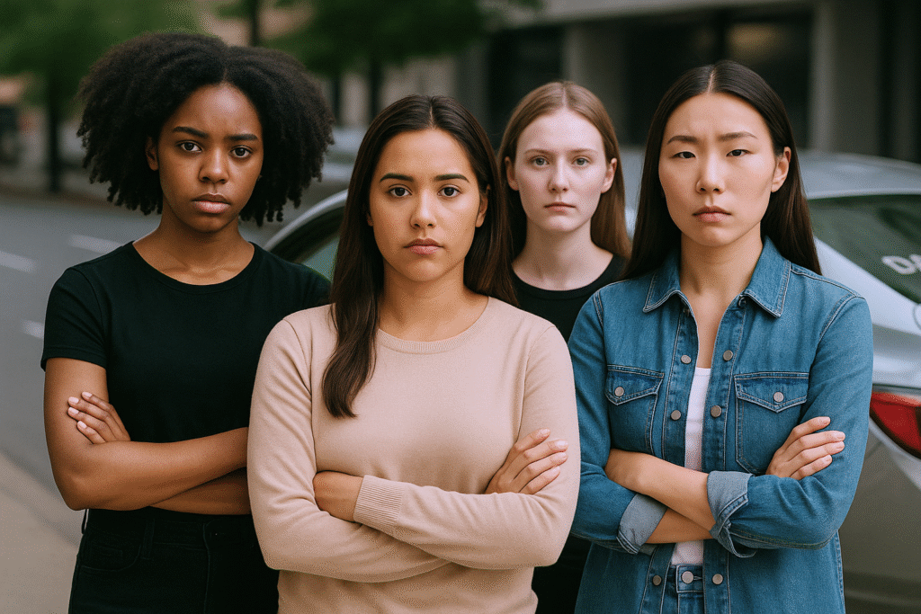 A powerful portrait of four women—Black, White, Asian, and Hispanic—standing united in anger and solidarity, demanding justice for the abused